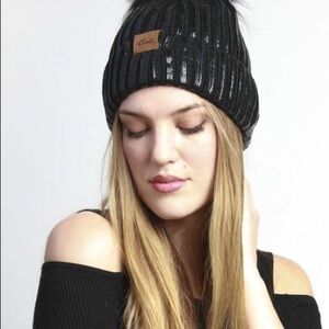 Ladies Black Metallic Knit Winter Hat W Faux Fur Pom